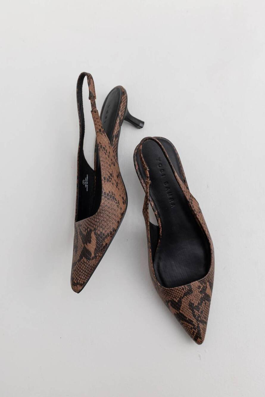 NEW COLLECTIVE women's delilah snake skin leather kitten heels in brown